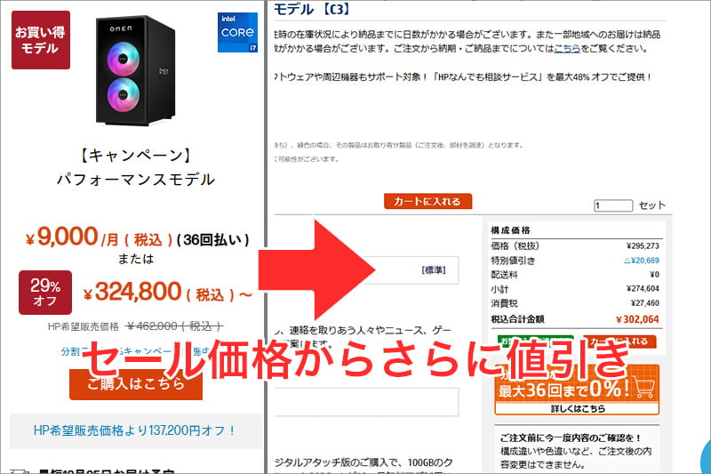 HPのセール価格からクーポンでさらに値引き